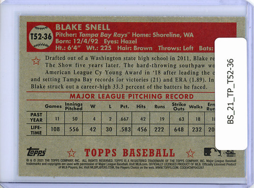 Blake Snell 2021 Topps, 1952 Topps Redux #T52-36