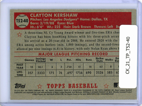 Clayton Kershaw 2021 Topps, 1952 Topps Redux #T52-40