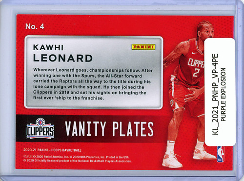 Kawhi Leonard 2020-21 Hoops, Vanity Plates #4 Purple Explosion