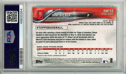 Shane Bieber 2018 Topps Chrome Update #HMT59 PSA 10 Gem Mint (#49533354)