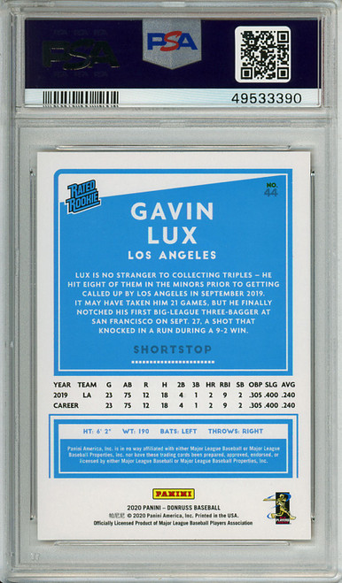Gavin Lux 2020 Donruss #44 Holo Orange PSA 10 Gem Mint (#49533390)