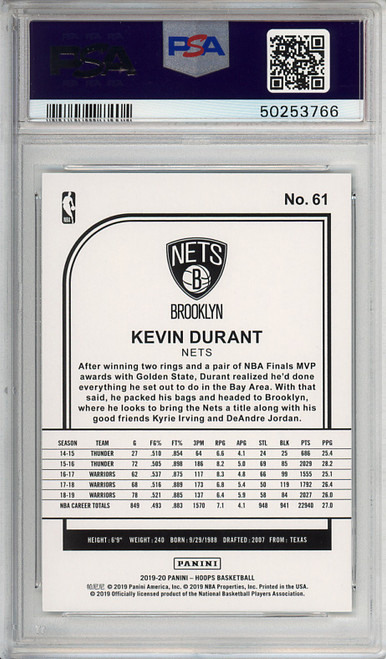 Kevin Durant 2019-20 Hoops #61 Green (#04/99) PSA 9 Mint (#50253766)