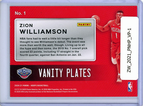Zion Williamson 2020-21 Hoops, Vanity Plates #1
