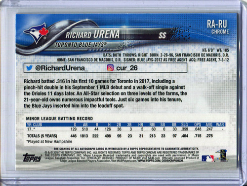 Richard Urena 2018 Topps Chrome, Rookie Autographs #RA-RU