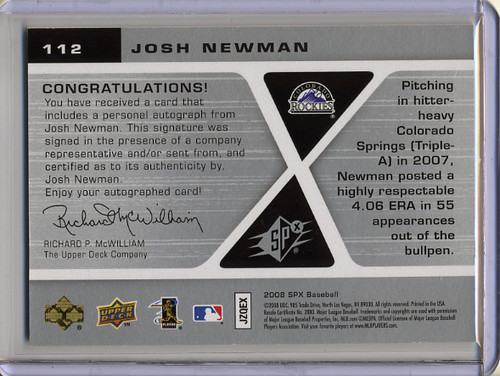 Josh Newman 2008 SPx #112 Silver Rookie Signatures