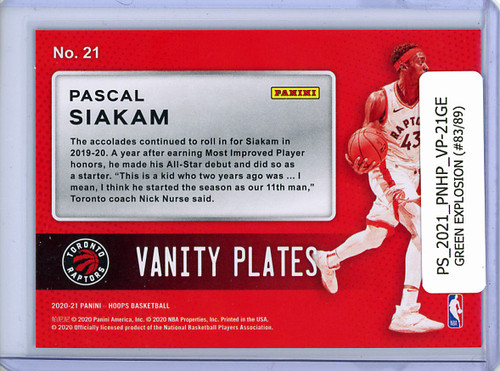 Pascal Siakam 2020-21 Hoops, Vanity Plates #21 Green Explosion (#83/89)