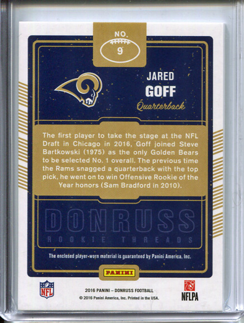 Jared Goff 2016 Donruss, Rookie Threads #9 Prime (#13/25)