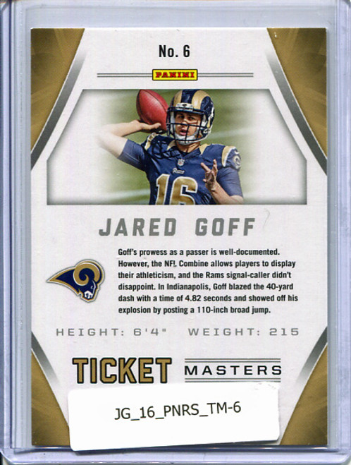 Jared Goff 2016 Rookies and Stars, Ticket Masters #6