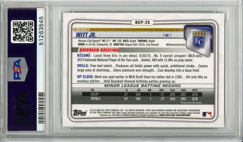 Bobby Witt Jr. 2020 Bowman Chrome Prospects #BCP-25 PSA 9 Mint (#51263545)