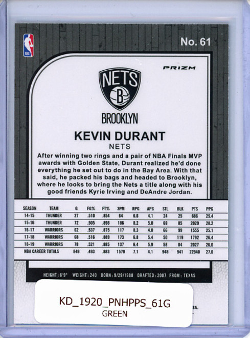 Kevin Durant 2019-20 Hoops Premium Stock #61 Green