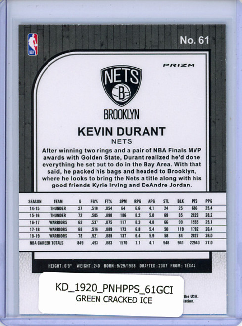 Kevin Durant 2019-20 Hoops Premium Stock #61 Green Cracked Ice