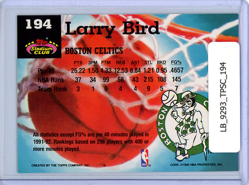 Larry Bird 1992-93 Stadium Club #194 Member's Choice