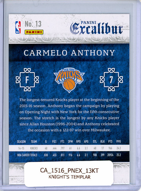 Carmelo Anthony 2015-16 Excalibur #13 Knight's Templar