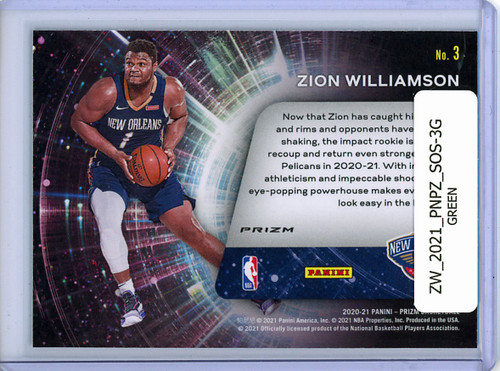 Zion Williamson 2020-21 Prizm, Sophomore Stars #3 Green