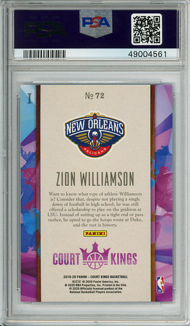 Zion Williamson 2019-20 Court Kings #72 PSA 9 Mint (#49004561)