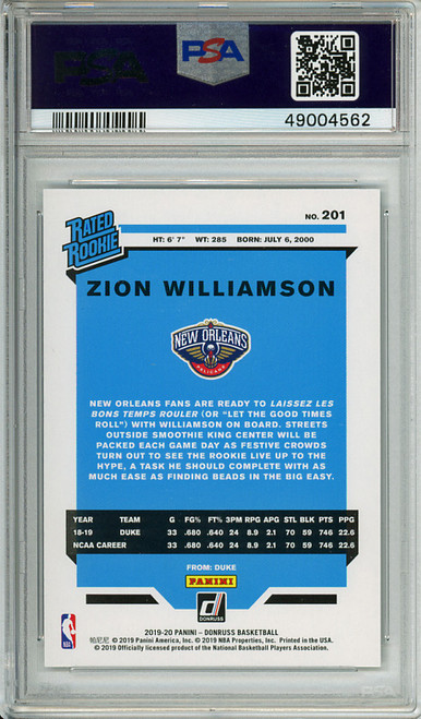 Zion Williamson 2019-20 Donruss #201 Infinite PSA 9 Mint (#49004562)