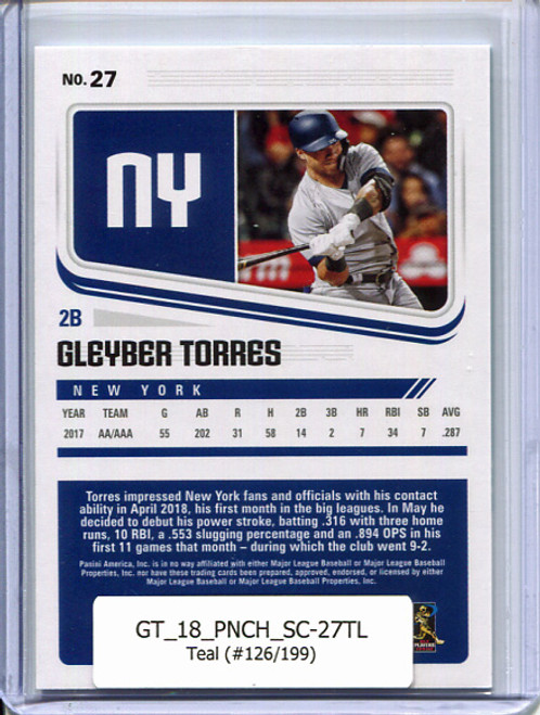 Gleyber Torres 2018 Chronicles, Score #27 Teal (#126/199)