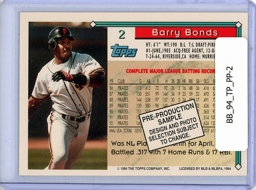 Barry Bonds 1994 Topps, Pre-Production #2
