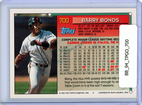 Barry Bonds 1994 Topps Gold #700