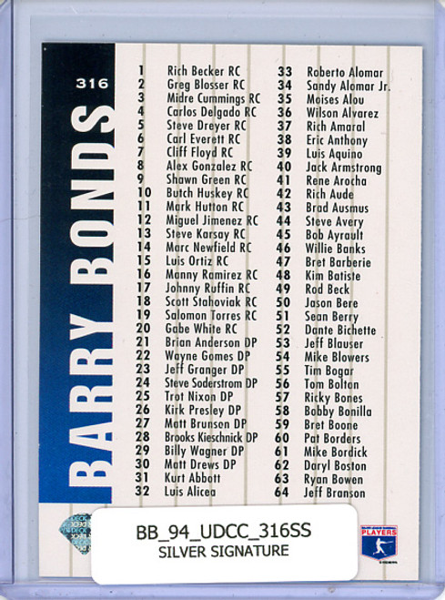 Barry Bonds 1994 Collector's Choice #316 Checklist Silver Signature