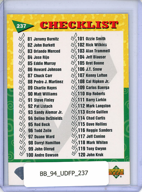 Barry Bonds 1994 Upper Deck Fun Pack #237 Checklist