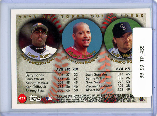 Barry Bonds, Manny Ramirez, Larry Walker 1999 Topps #455 All-Topps Outfielders