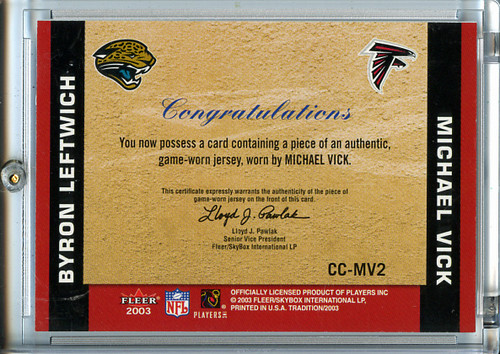 Michael Vick, Byron Leftwich 2003 Tradition, Classic Combinations Memorabilia #CC-MV2 (1)