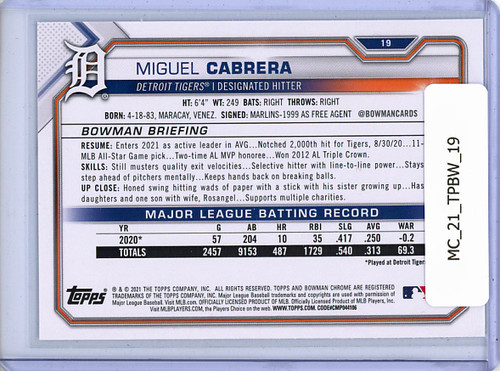 Miguel Cabrera 2021 Bowman #19