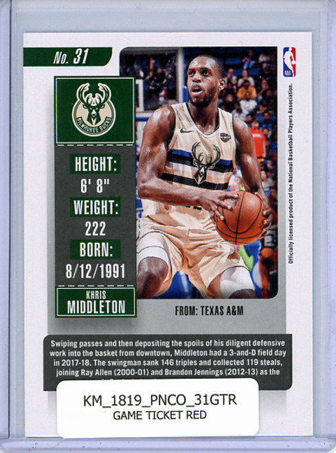 Khris Middleton 2018-19 Contenders #31 Game Ticket Red