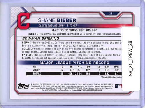 Shane Bieber 2021 Bowman #28