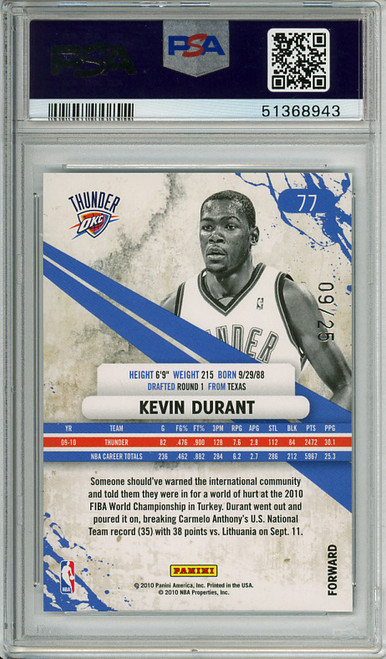 Kevin Durant 2010-11 Rookies & Stars #77 Longevity Sapphire (#09/25) PSA 9 Mint (#51368943)