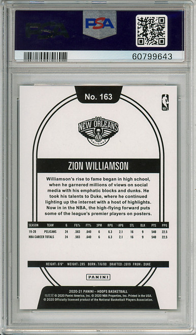 Zion Williamson 2020-21 Hoops #163 Green Explosion (#61/89) PSA 10 Gem Mint (#60799643)