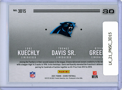 Luke Kuechly, Thomas Davis Sr., Kevin Greene 2021 Score, 3D #3D15