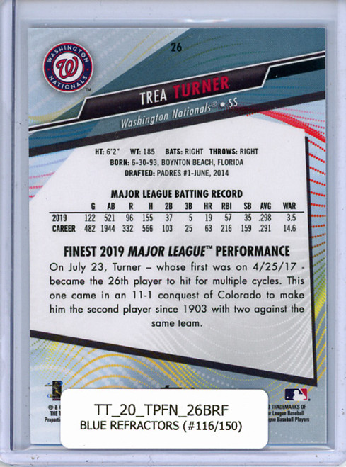 Trea Turner 2020 Finest #26 Blue Refractors (#116/150)