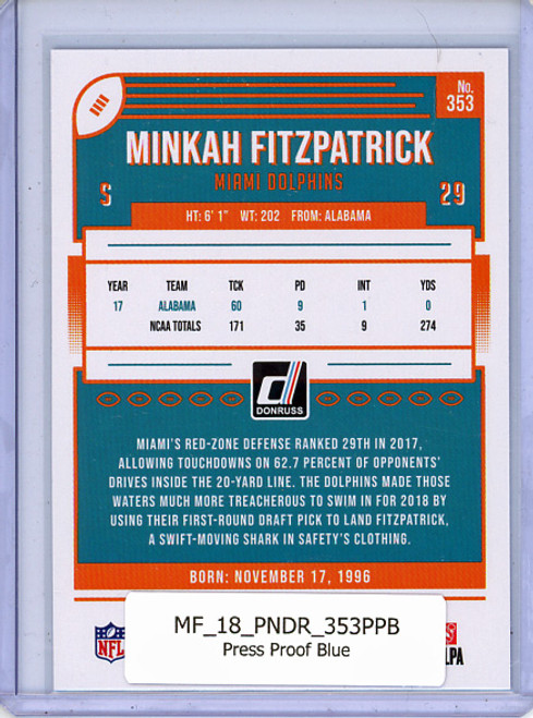 Minkah Fitzpatrick 2018 Donruss #353 Press Proof Blue