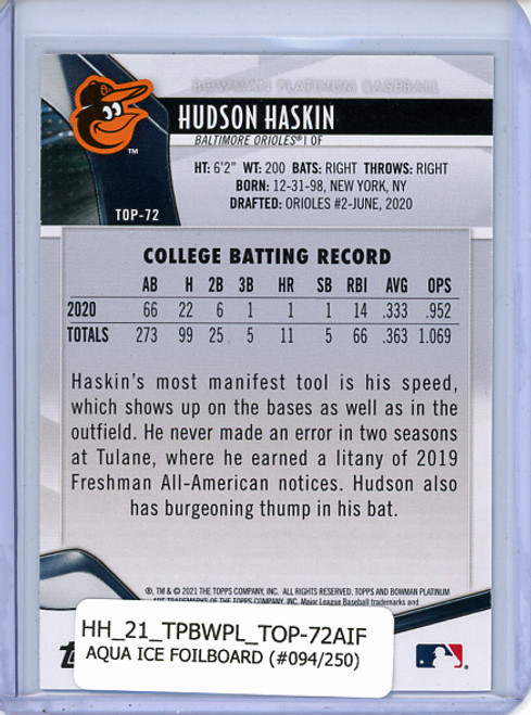 Hudson Haskin 2021 Bowman Platinum, Top Prospects #TOP-72 Aqua Ice Foilboard (#094/250)