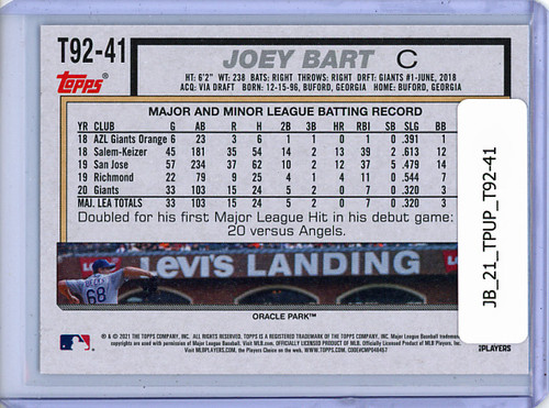 Joey Bart 2021 Topps Update, 1992 Topps Redux #T92-41