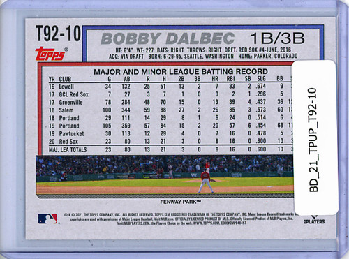 Bobby Dalbec 2021 Topps Update, 1992 Topps Redux #T92-10