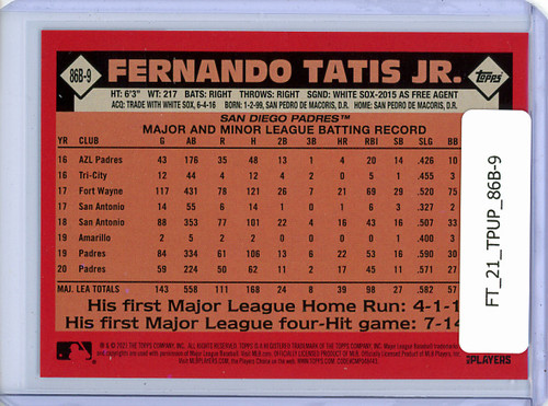 Fernando Tatis Jr. 2021 Topps Update, 1986 Topps #86B-9
