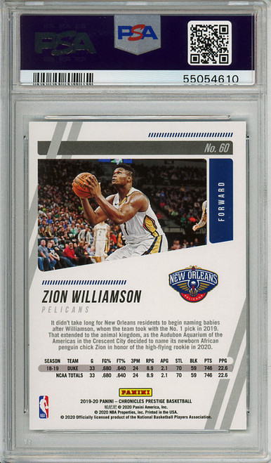 Zion Williamson 2019-20 Chronicles, Prestige #60 PSA 8 Near Mint-Mint (#55054610)