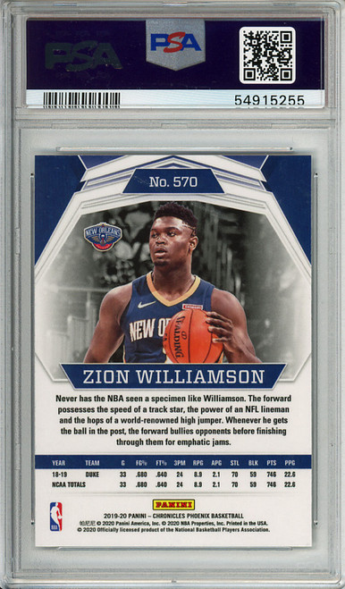 Zion Williamson 2019-20 Chronicles, Phoenix #570 PSA 10 Gem Mint (#54915255)