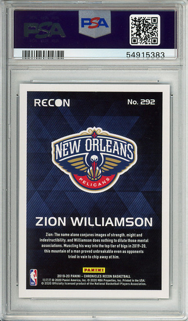 Zion Williamson 2019-20 Chronicles, Recon #292 Bronze PSA 10 Gem Mint (#54915383)