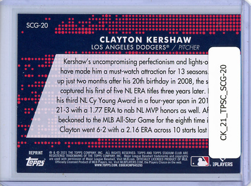 Clayton Kershaw 2021 Stadium Club, Stadium Club Greats #SCG-20