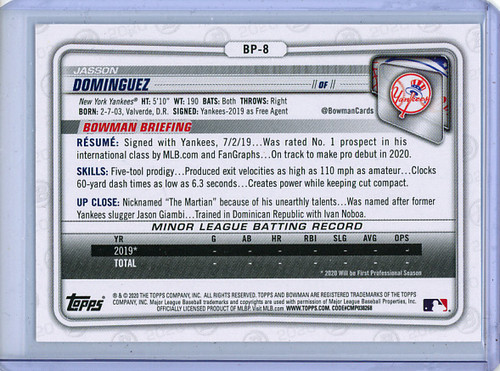 Jasson Dominguez 2020 Bowman Prospects #BP-8 (2)
