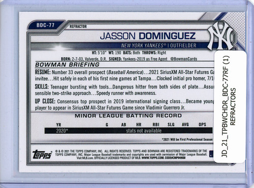 Jasson Dominguez 2021 Bowman Chrome Draft #BDC-77 Refractors (1)