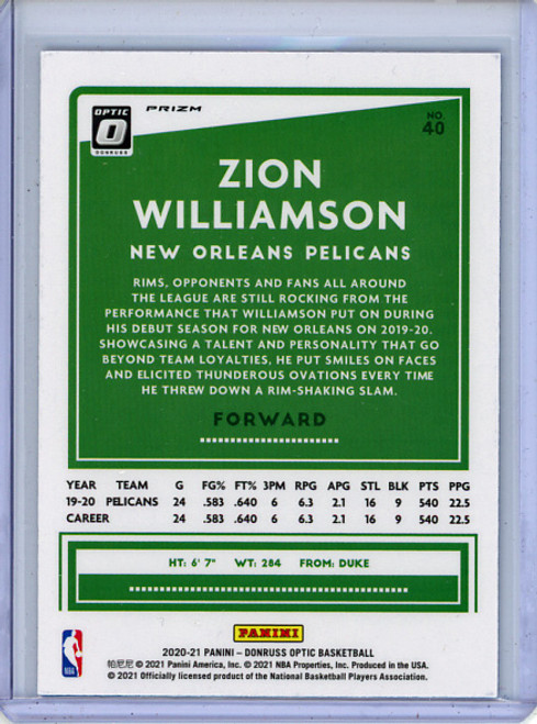 Zion Williamson 2020-21 Donruss Optic #40 Blue Velocity (1)