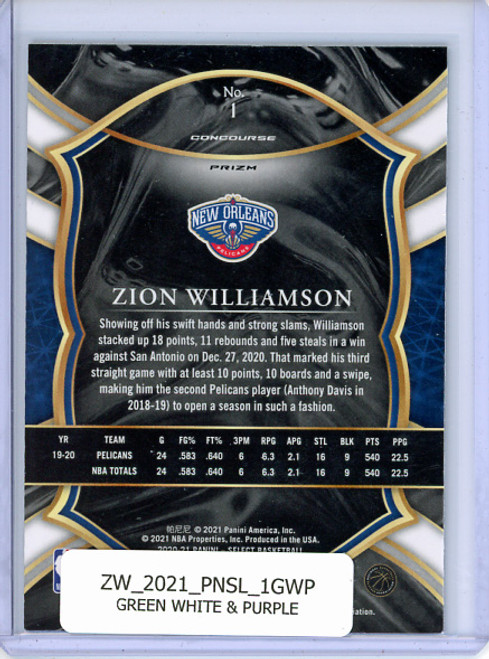 Zion Williamson 2020-21 Select #1 Concourse Green White Purple