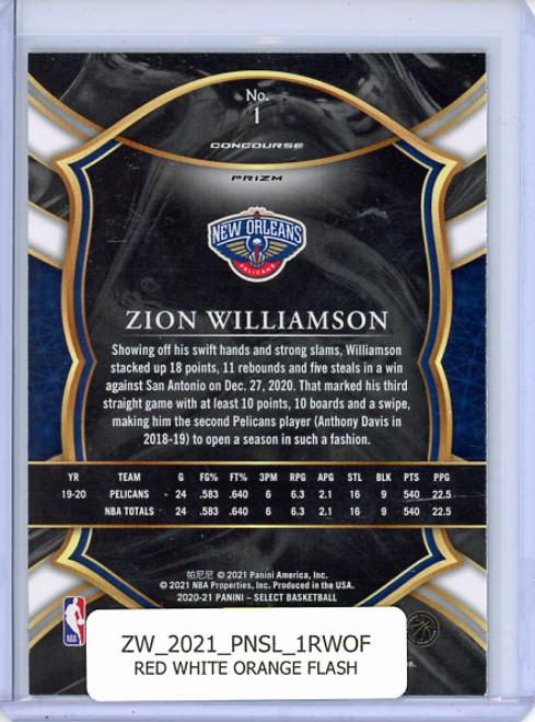 Zion Williamson 2020-21 Select #1 Concourse Red White Orange Flash