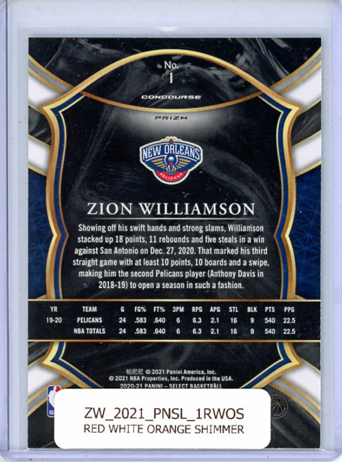 Zion Williamson 2020-21 Select #1 Concourse Red White Orange Shimmer