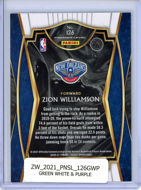 Zion Williamson 2020-21 Select #126 Premier Level Green White Purple